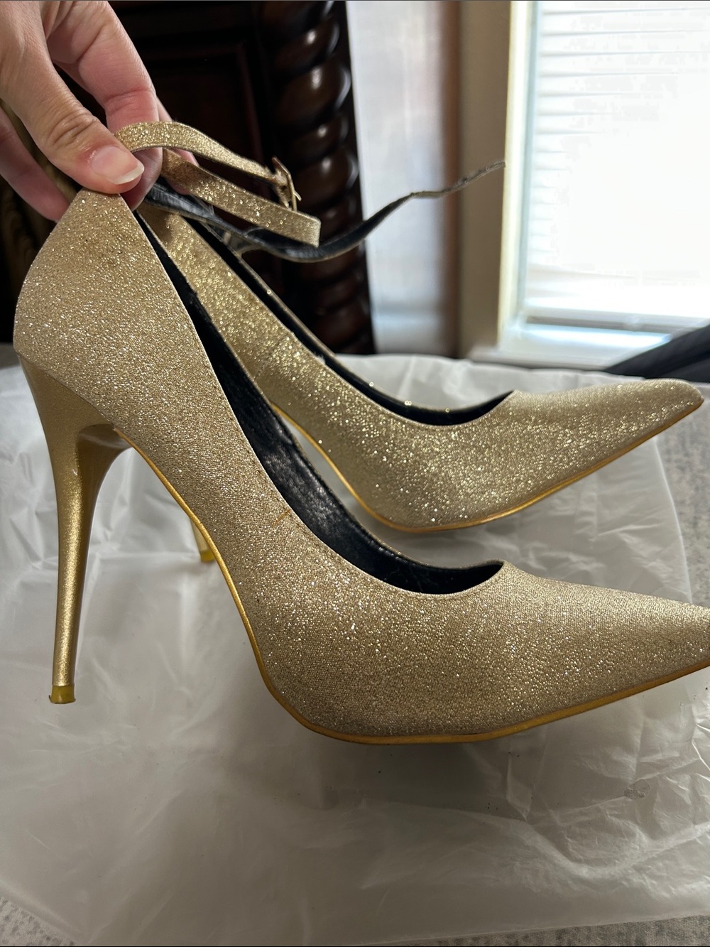 Shoe Republic LA Sparkling Gold Pointed Toe Ankle-Strap Pumps